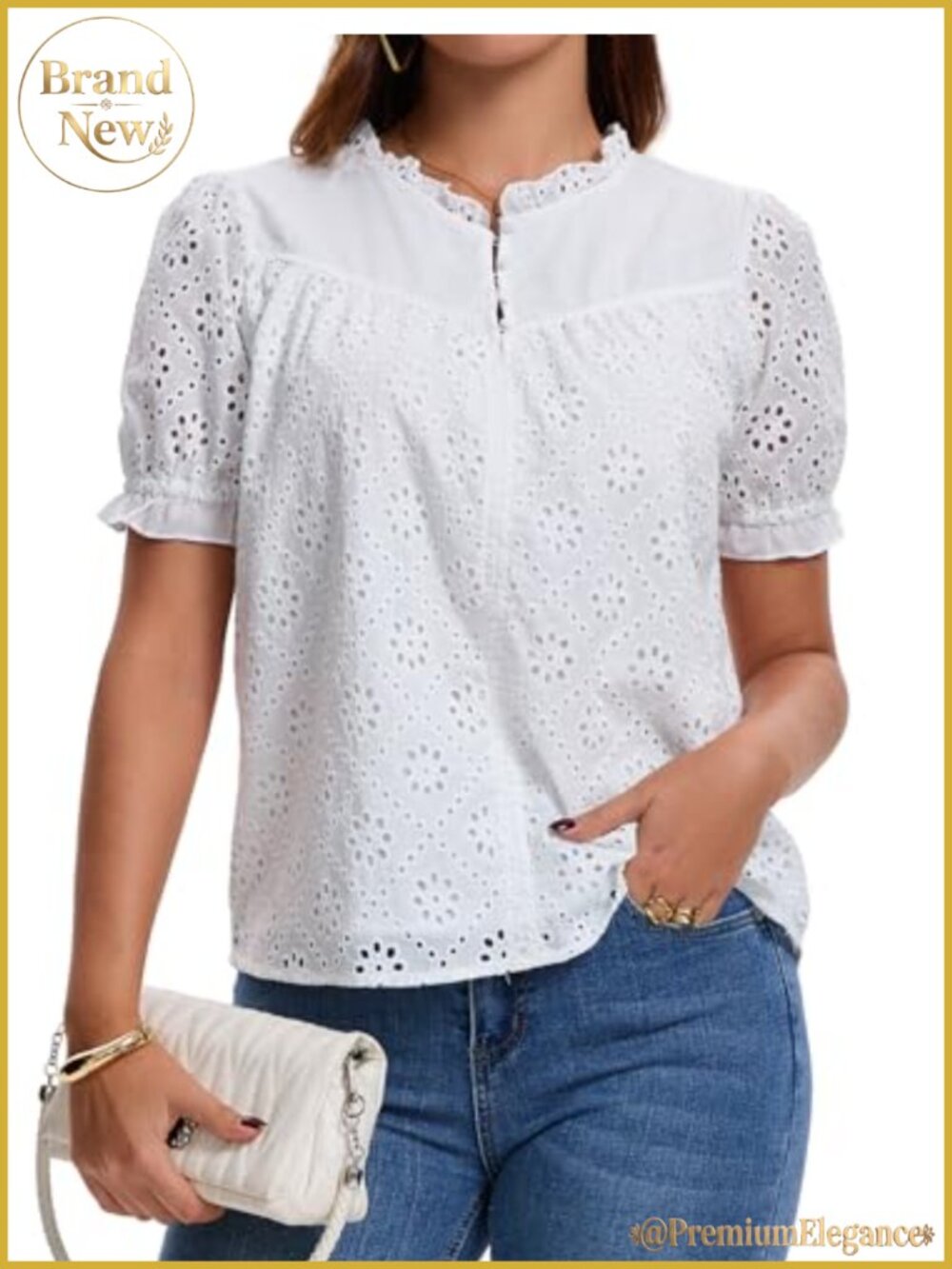 Eyelet Embroidered V Neck Short Sleeve Cotton Blouse Casual Summer Top